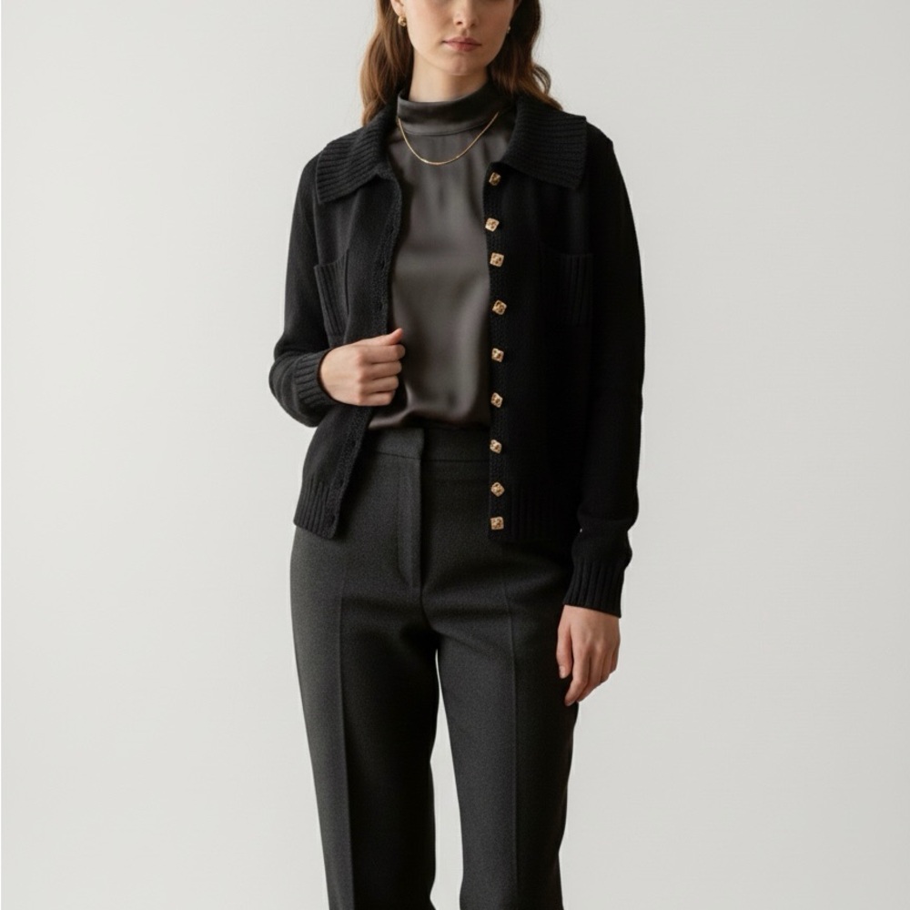 St. John Lillie Rubin Vintage Knit Cardigan Black Gold Buttons Designer Sweater